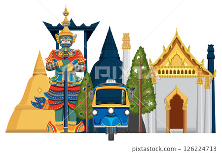 Colorful Thai Cultural Landmarks and Tuk-Tuk Illustration 126224713