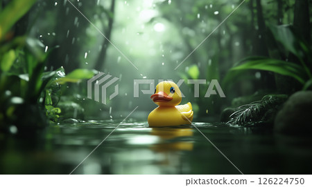 AI-generated image of a yellow rubber duck toy enjoying forest bathing and nature 126224750