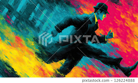 Stealth operative running in suit and hat, vibrant watercolor, energetic, urban background 126224888