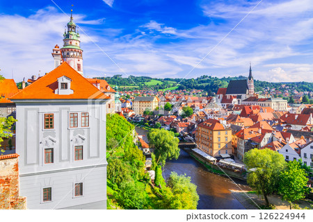 Cesky Krumlov is a picturesque Czech town with stunning medieval streets, on Vltava River, Bohemia. Cesky Krumlov is a picturesque Czech town with stunning medieval streets, on Vltava River, Bohemia. 126224944