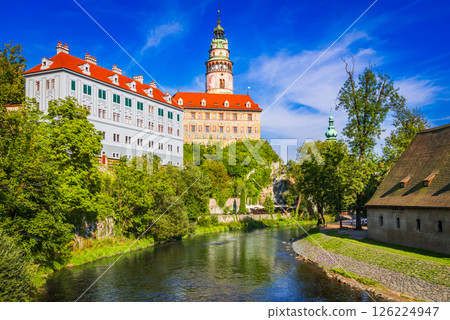 Cesky Krumlov, Bohemia. A picturesque Czech town with stunning medieval streets, aerial view of above Vltava River. 126224947