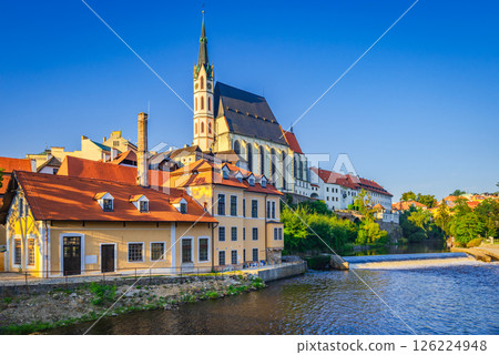 Cesky Krumlov, Czech Republic. Picturesque Bohemian old town with famous Saint Vitus Church, scenic summer sunny day. 126224948