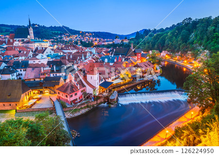 Cesky Krumlov, Bohemia. Picturesque Czech town, night scenic view over Vltava River. 126224950