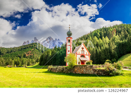 Val di Funes, Italy. Puez Odle in Dolomites and St. John church, South Tyrol landscape. 126224967