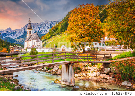 Ramsau am Berchtesgaden, Germany. Autum colored landscape of Saint Sebastian Church and River Ramsauer Ache, Bayern. 126224976