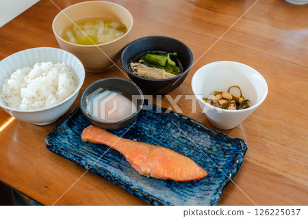 Grilled salmon and soft-boiled egg Japanese breakfast set Grilled salmon and soft-boiled egg Japanese breakfast set 126225037