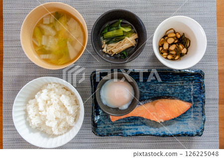 Grilled salmon and soft-boiled egg Japanese breakfast set 126225048