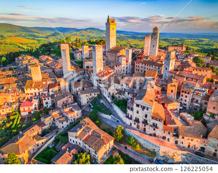 San Gimignano, Italy. Picturesque aerial view of medieval city in Tuscany. San Gimignano, Italy. Picturesque aerial view of medieval city in Tuscany. 126225054