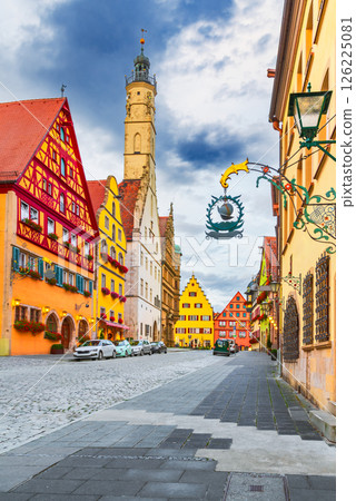 Rothenburg ob der Tauber, Bavaria. Picturesque medieval town in Germany, known for its well-preserved half-timbered houses 126225081