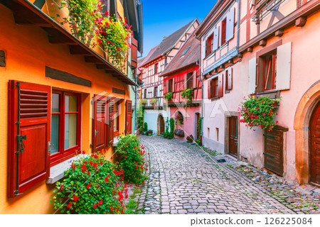 Eguisheim, France. Charming Alsace village, features colorful half-timbered houses, cobblestone streets and medieval charm. 126225084