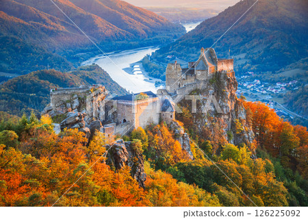 Aggstein ruins and Wachau Valley, picturesque Austrian region with vineyards, historic villages, and the Danube River, Austria. Aggstein ruins and Wachau Valley, picturesque Austrian region with vineyards, historic villages, and the Danube River, Austria. 126225092