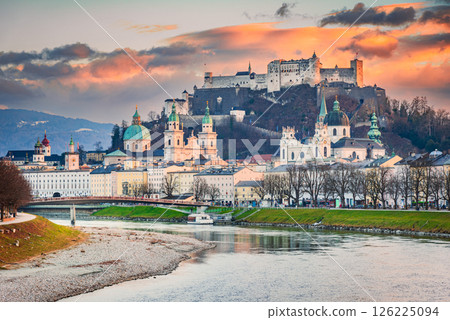 Salzburg, Austria. Historic Festung Hohensalzburg, Mozart birthplace, alpine views, charming Upper Austria place to visit. Salzburg, Austria. Historic Festung Hohensalzburg, Mozart birthplace, alpine views, charming Upper Austria place to visit. 126225094