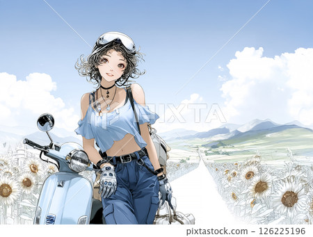 Illustration material of a young woman riding a scooter to a sunflower field 126225196