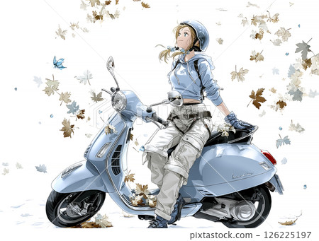 Illustration material of a young woman riding a scooter to see the autumn leaves 126225197