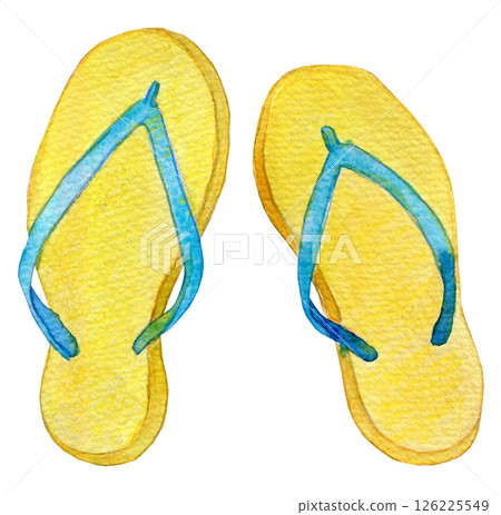 水彩插畫：黃色沙灘涼鞋 126225549