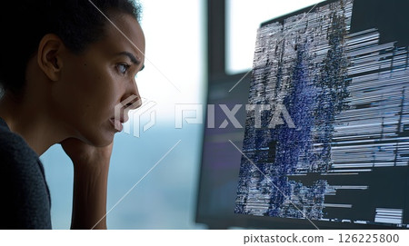 A young woman with in front of a big monitor in the middle of a modern server room. Collection and storage of large amounts of data. The bright screens reflect her dedication to data efficiency. 126225800