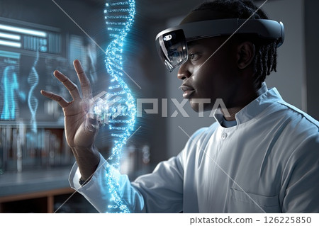 Male scientist wearing an AR headset interacting with a holographic DNA structure. Engaging with a holographic DNA model, the scientist illustrates the potential of AR in genetics. 126225850