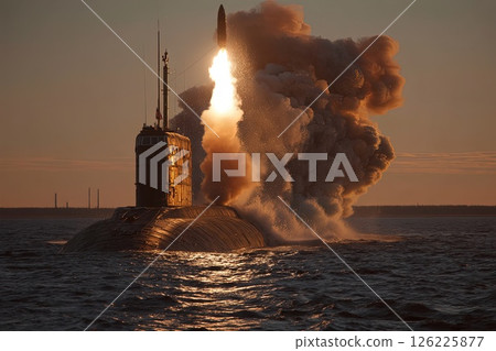 Nuclear war. Launch of a nuclear ballistic intercontinental missile from submarine. An intercontinental nuclear missile launches from the submarine, signaling potential global conflict. 126225877