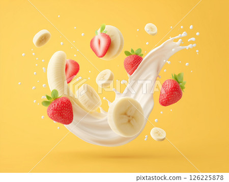 香蕉片和草莓混合牛奶的清新場景 126225878