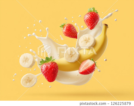 香蕉片和草莓混合牛奶的清新場景 香蕉片和草莓混合牛奶的清新場景 126225879