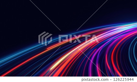 Futuristic Digital Network with High Speed Connection and Colorful Light Trails on Dark Background 126225944