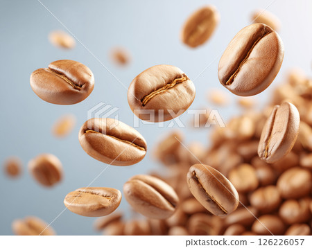 High resolution food visual of roasted coffee beans flying in the air 126226057