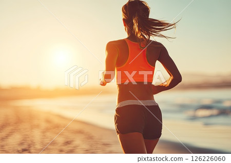 Portrait of a young woman running on the beach during sunset. A joyful young woman runs on the beach, the sunset illuminating her path and highlighting her carefree spirit. 126226060