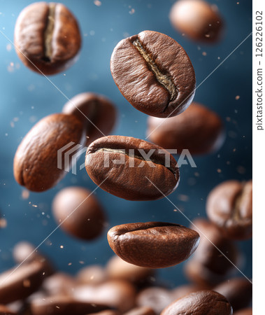 High resolution food visual of roasted coffee beans flying in the air 126226102