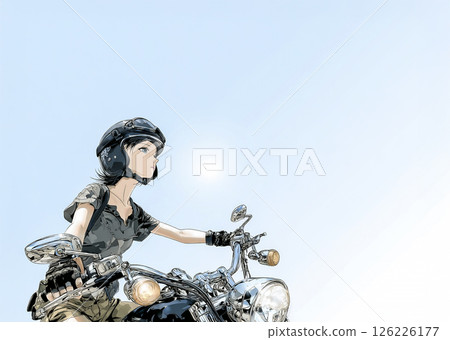 Illustration material of a woman riding a large cruiser bike to see the sea Illustration material of a woman riding a large cruiser bike to see the sea 126226177