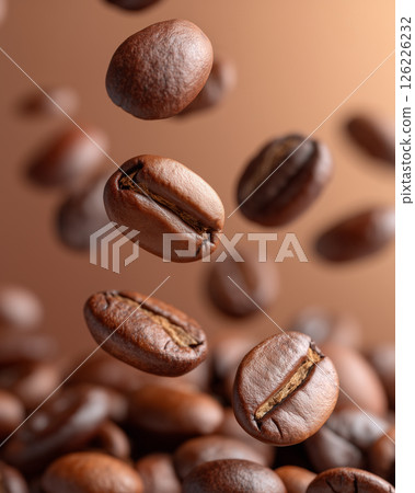 High resolution food visual of roasted coffee beans flying in the air 126226232