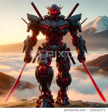 Full drone view Japanese samurai robot use black mecha armor. 126226371