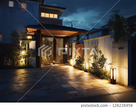 夜間日本房屋的照明入口和植物 夜間日本房屋的照明入口和植物 126226956