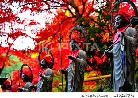 Kanto - Pilgrimage to Mt. Oyama in autumn leaves - In front of Mt. Oyama Temple, a Jizo statue watches over people with beautiful autumn leaves behind - Isehara City, Kanagawa Prefecture (1) Kanto - Pilgrimage to Mt. Oyama in autumn leaves - In front of Mt. Oyama Temple, a Jizo statue watches over people with beautiful autumn leaves behind - Isehara City, Kanagawa Prefecture (1) 126227072