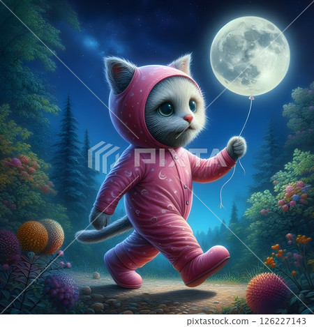 An animal in pink pajamas walks upright through the garden holding a balloon that looks like the moon. 126227143