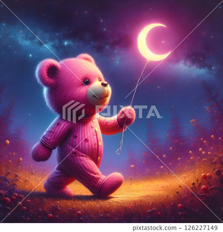 An animal in pink pajamas walks upright through the garden holding a balloon that looks like the moon. 126227149