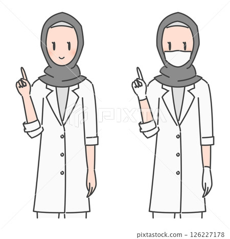 插畫素材：身穿白大褂、頭戴頭巾的女醫生講解（穆斯林/穆斯林/素顏/口罩） 126227178