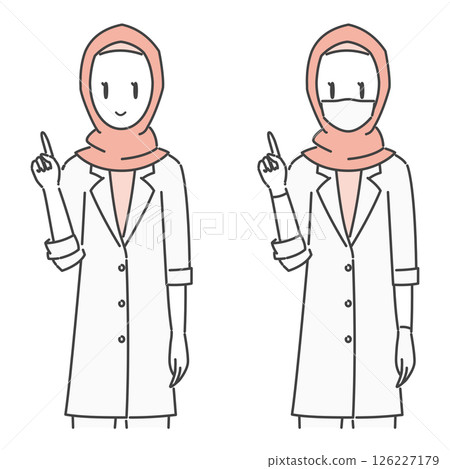 插畫材料：身穿白大褂、頭戴頭巾的女醫生正在講解（穆斯林/穆斯林/單調） 126227179