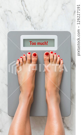 Close-up of bare feet standing on a classic analog bathroom scale. Text "Too much!" on a scales, diet and fat loss concept, overweight woman, fasting and dieting 126227191