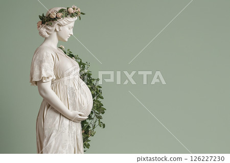 Greek-style sculpture representing a pregnant woman in serene and graceful posture, positioned against a plain and minimalist background, themes of motherhood, reverence, and timeless beauty. 126227230