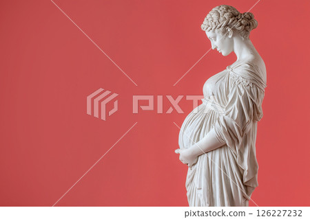 Greek-style sculpture representing a pregnant woman in serene and graceful posture, positioned against a plain and minimalist background, themes of motherhood, reverence, and timeless beauty. Greek-style sculpture representing a pregnant woman in serene and graceful posture, positioned against a plain and minimalist background, themes of motherhood, reverence, and timeless beauty. 126227232