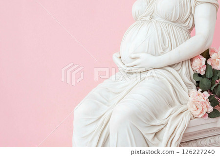 Greek-style sculpture representing a pregnant woman in serene and graceful posture, positioned against a plain and minimalist background, themes of motherhood, reverence, and timeless beauty. 126227240