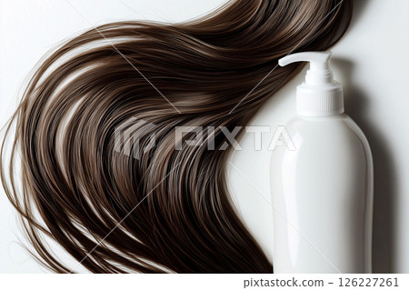 Long luscious brown hair with a conditioner bottle against white background Long luscious brown hair with a conditioner bottle against white background 126227261