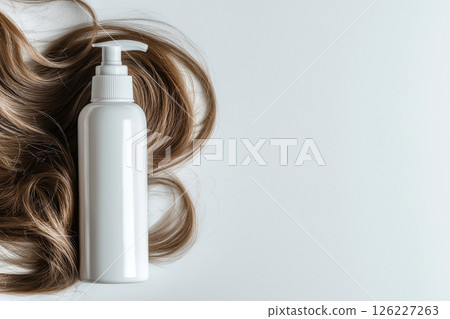 Long luscious brown hair with a conditioner bottle against white background 126227263