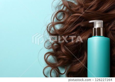 Minimalistic composition featuring a blue shampoo bottle and elegant brown hair strands on turquoise. The image emphasizes beauty, haircare, and luxury with a clean and modern aesthetic. 126227264