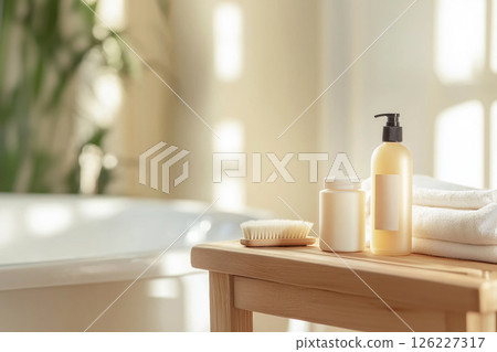 Luxurious spa scene featuring a wooden table adorned with a towel, lotion bottle, a hairbrush, conveying a sense of relaxation, calm, and indulgence in personal care rituals. Spa and beauty routine 126227317