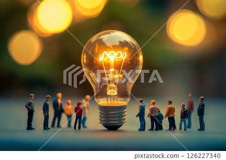 A group of small figurines surrounds a glowing light bulb on green grass, evoking themes of innovation, teamwork, and sustainability in a creative and conceptual composition. Ideas and unity concept A group of small figurines surrounds a glowing light bulb on green grass, evoking themes of innovation, teamwork, and sustainability in a creative and conceptual composition. Ideas and unity concept 126227340