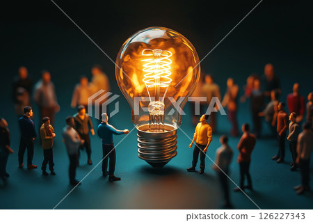 A group of small figurines surrounds a glowing light bulb on green grass, evoking themes of innovation, teamwork, and sustainability in a creative and conceptual composition. Ideas and unity concept 126227343