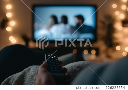 Close-up of a hand holding a remote with a blurry romantic scene on TV. Watching movies, porn, tv-series. A person holds a remote control, focusing on a romantic movie scene in a cozy setting. 126227354