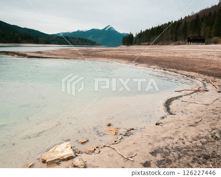 The moody coast of Walchensee lake below Alps 126227446