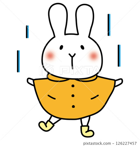 一隻穿著雨衣的白兔正在享受雨水 一隻穿著雨衣的白兔正在享受雨水 126227457
